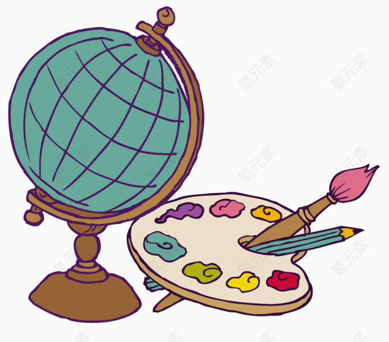 矢量彩色手绘地球仪和画板