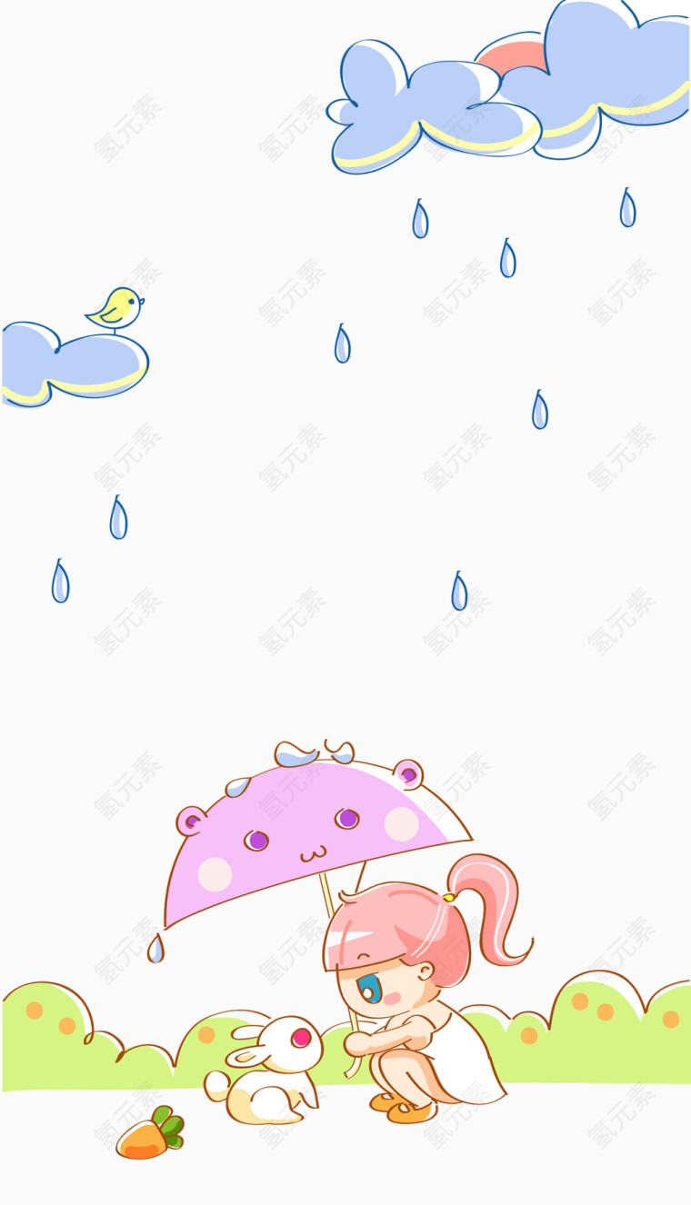 雨中的小女孩和兔子