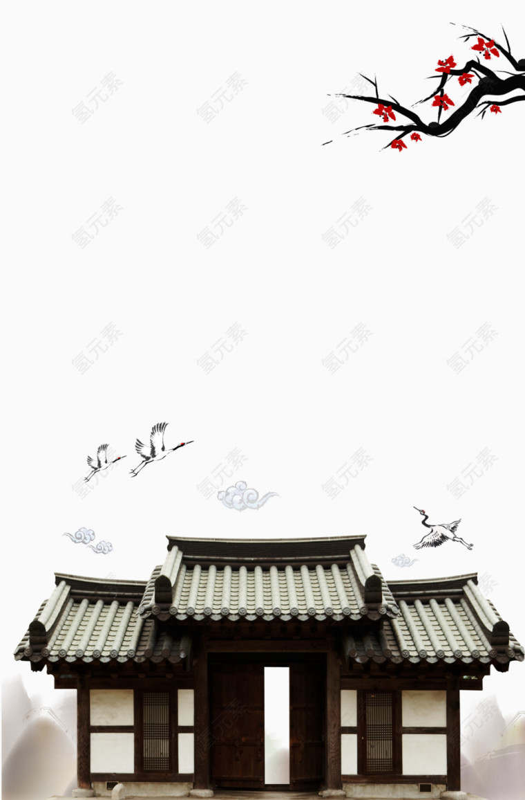 中国风梅花建筑素材背景