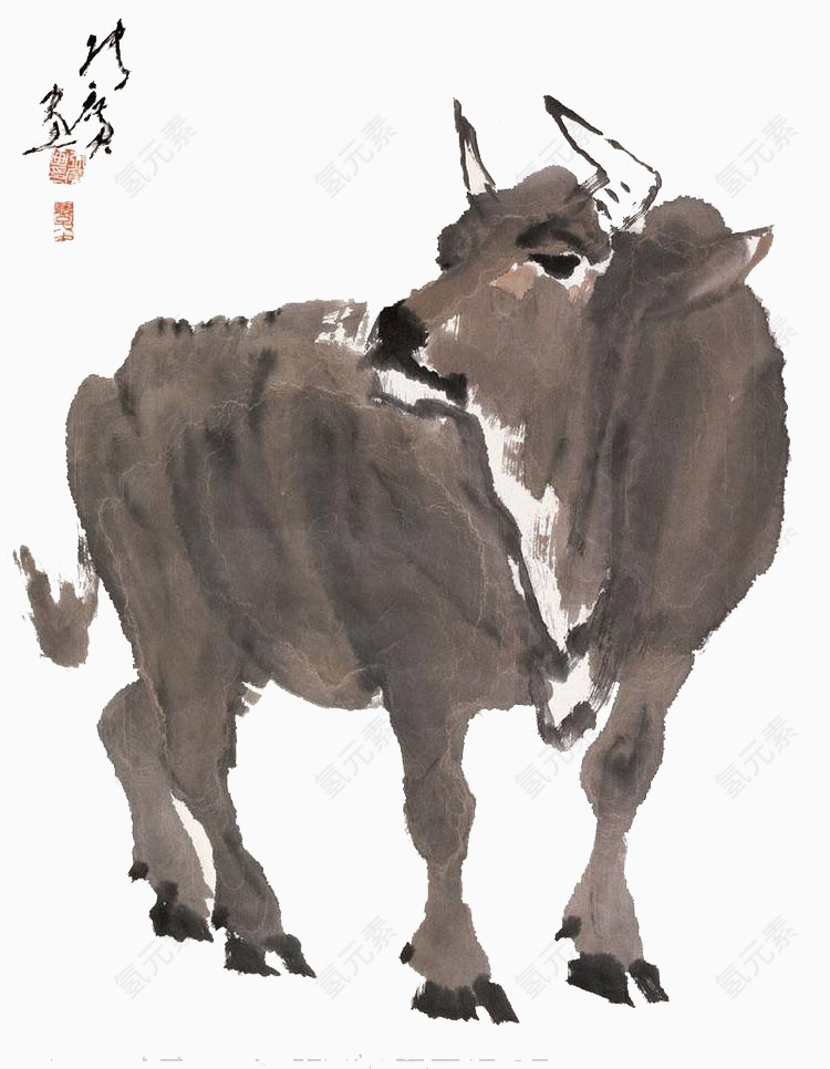 装饰牛免抠水墨画