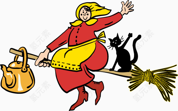 骑扫把的女人和黑猫矢量