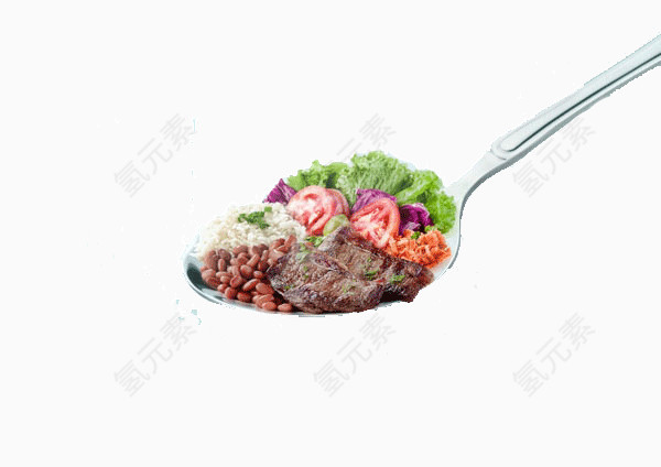 勺子上的蔬菜和肉