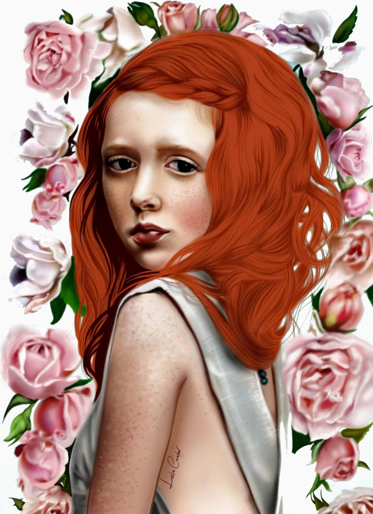 手绘玫瑰背景和红发女孩