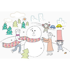 矢量手绘堆雪人的幸福一家人