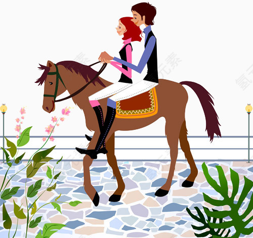 手绘男女生在骑马