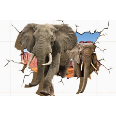 破墙立体图大象