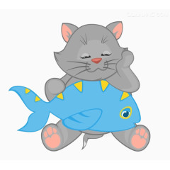 卡通小猫吃鱼素材