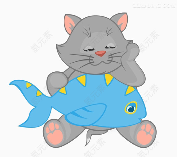 卡通小猫吃鱼素材