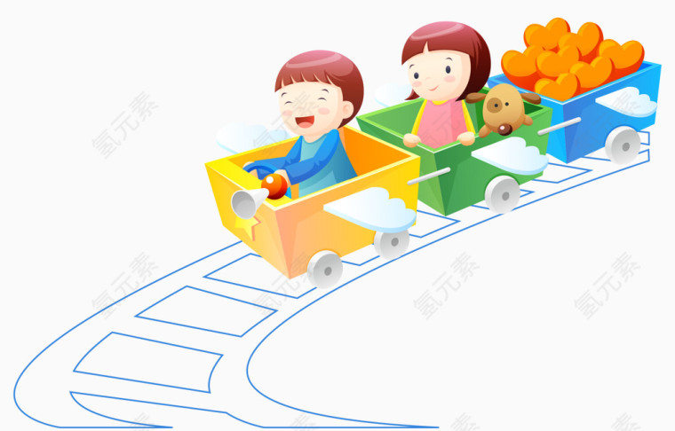 卡通手绘彩色小孩们坐火车轮