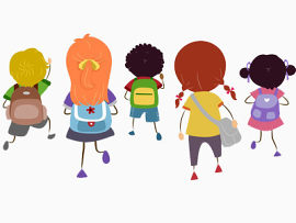 卡通版的五个小朋友背着书包上学