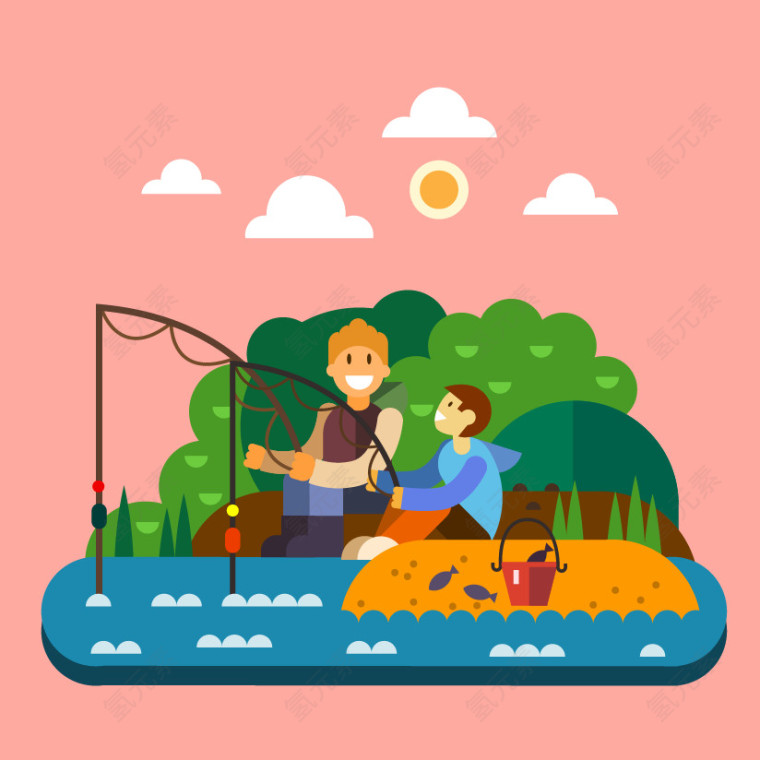 卡通爸爸和孩子钓鱼