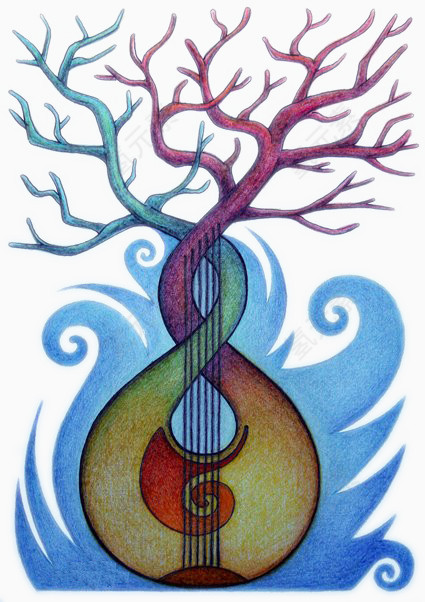 彩绘的树枝和小提琴图案