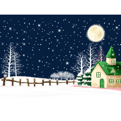 月夜绿色房子和雪地