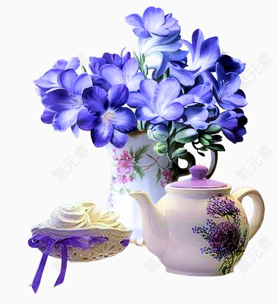 蓝色花朵花瓶水壶素材免抠