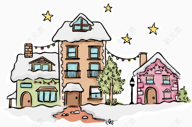 矢量圣诞节下雪的挂彩旗的房屋