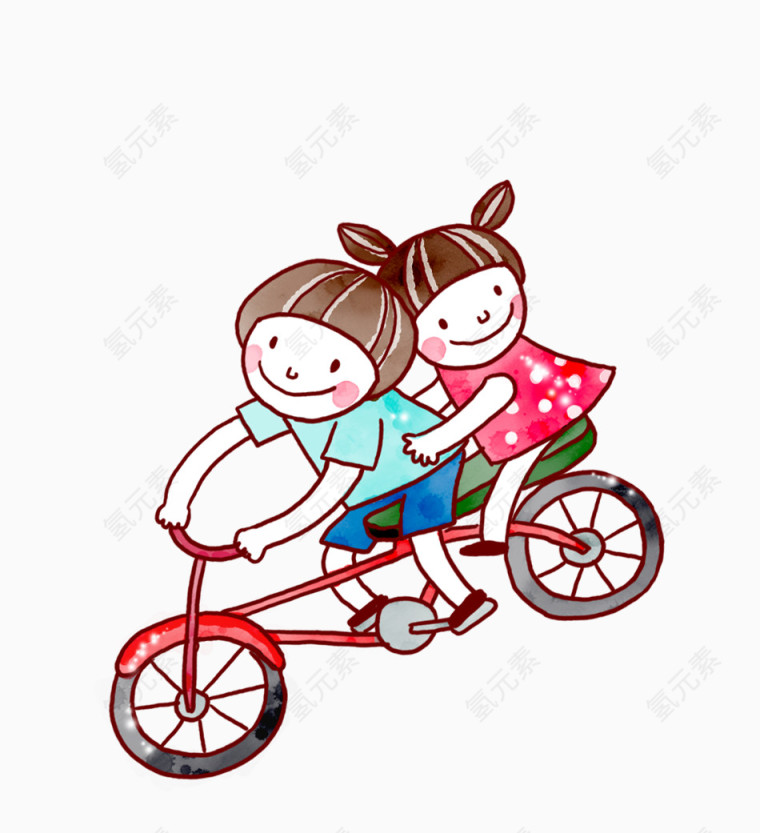 卡通手绘小男孩骑自行车带小女孩