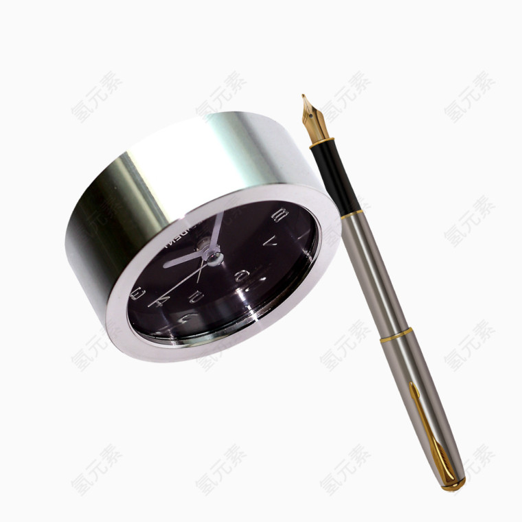 金属质感的闹表和钢笔