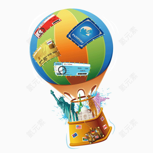 热气球 旅行 环游世界 装饰图案 矢量图