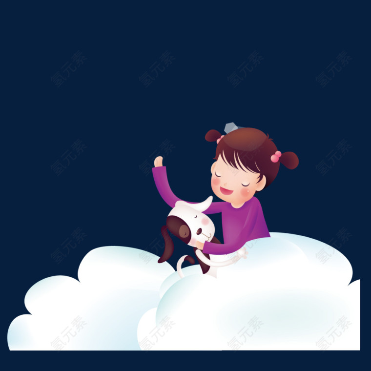 坐在白云上的女孩和小狗