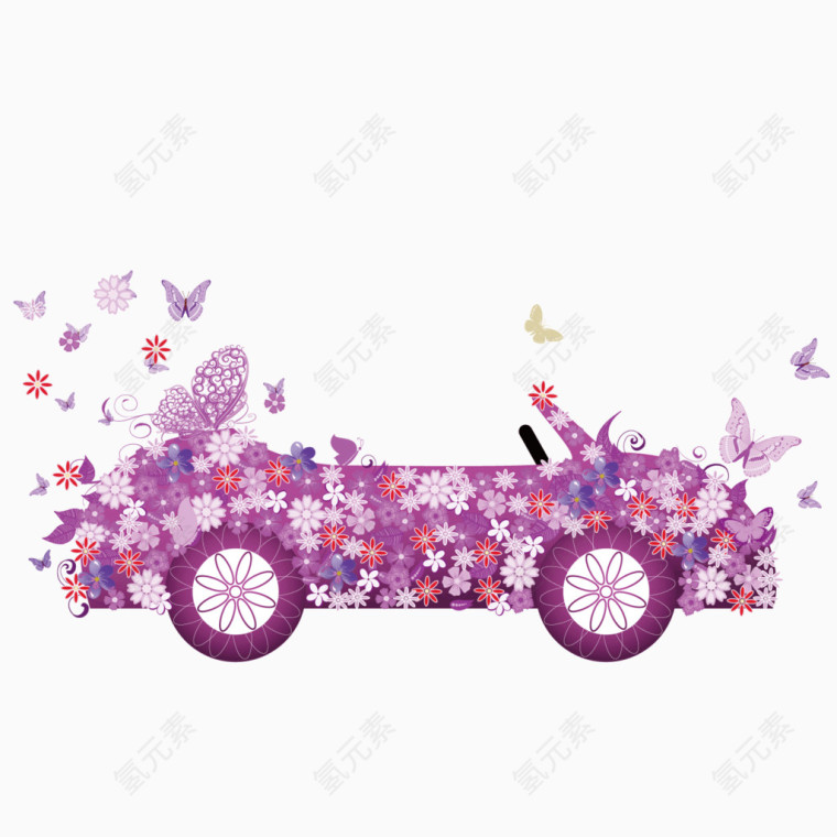 矢量紫色蝴蝶花朵敞篷跑车扁平车