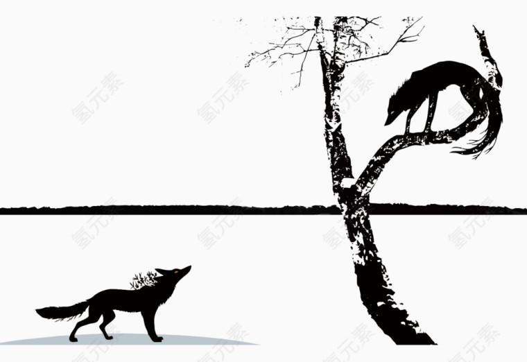 矢量树上树下对峙的狐狸