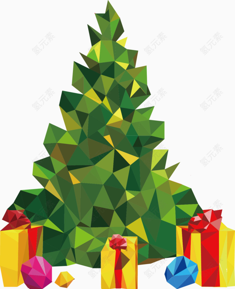 矢量手绘低多边形圣诞树和礼物