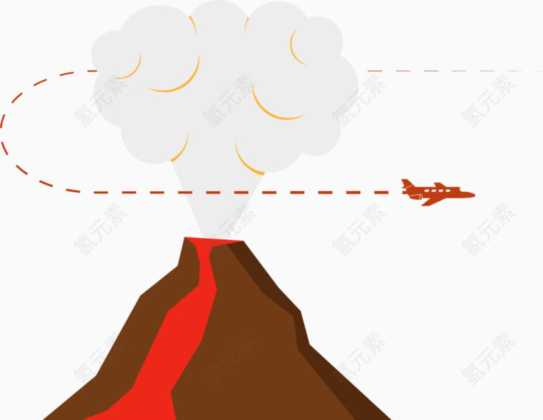 矢量手绘一架围着冒烟的火山行驶的飞机