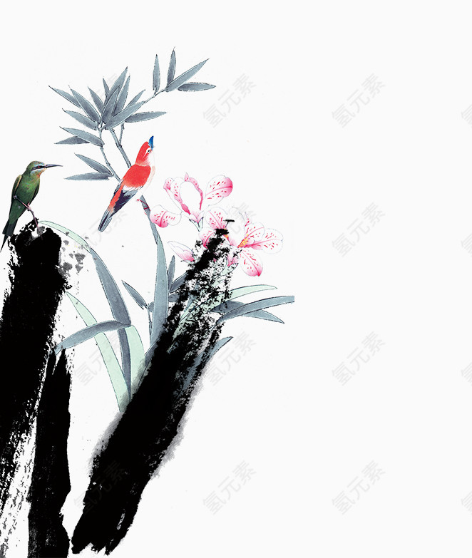 水墨竹子和小鸟素材图片