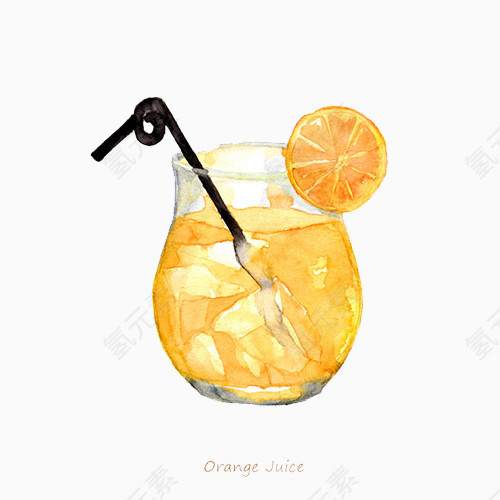 水彩画橙汁