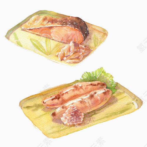 烤鱼肉手绘画素材图片·