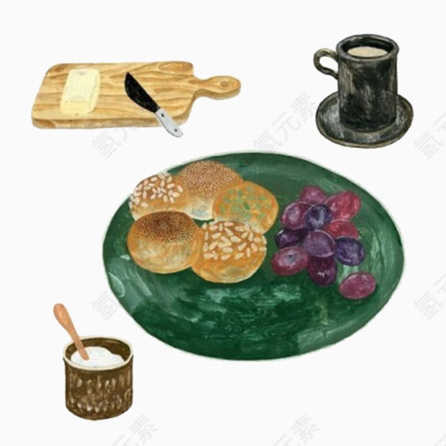 面包下午茶手绘画素材图片