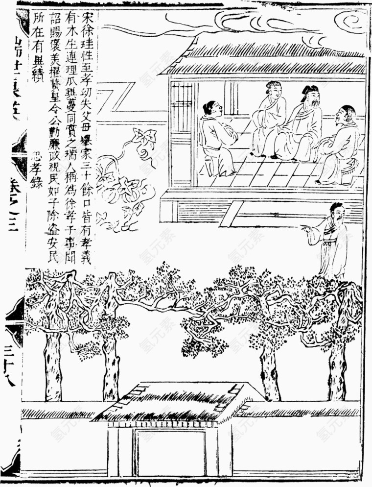 中国风忠孝録黑白线条木刻画1