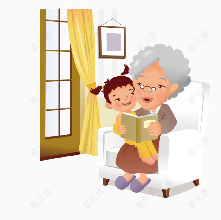 坐在沙发上给孙女讲故事的奶奶
