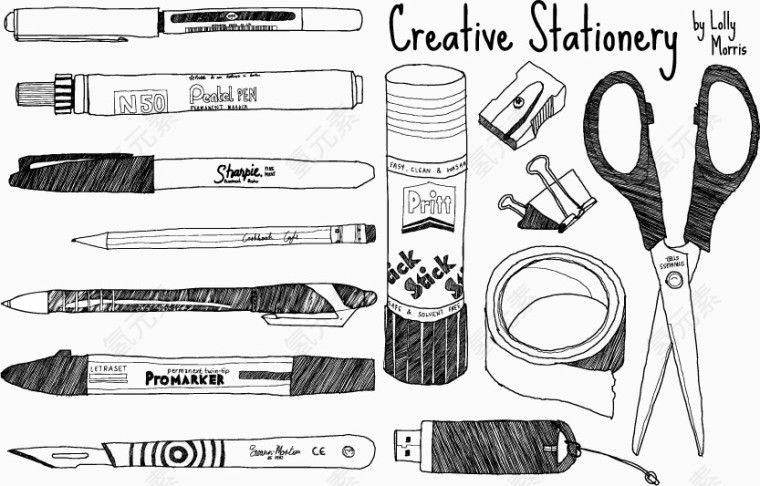 矢量手绘文具笔