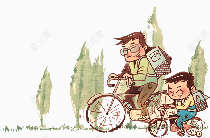 卡通手绘父子俩骑车