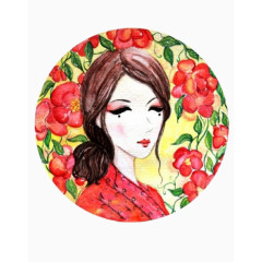 美女与红色花朵插画素材