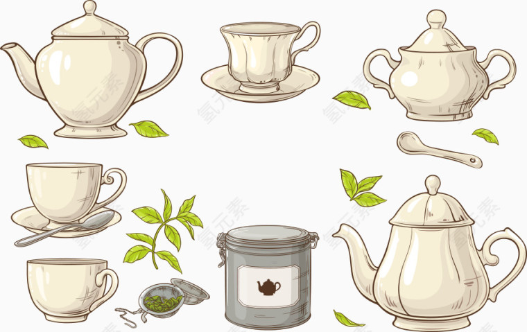 矢量白色茶杯和绿色茶叶