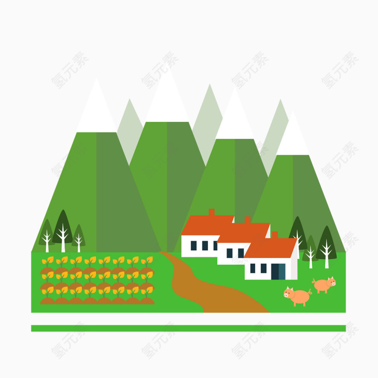矢量扁平绿色山丘山村房屋风景