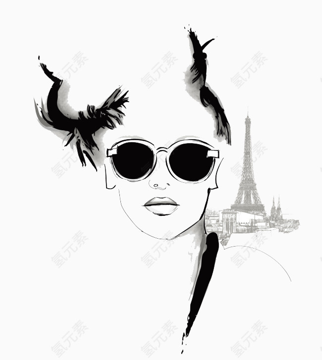 巴黎与戴墨镜的美女插画