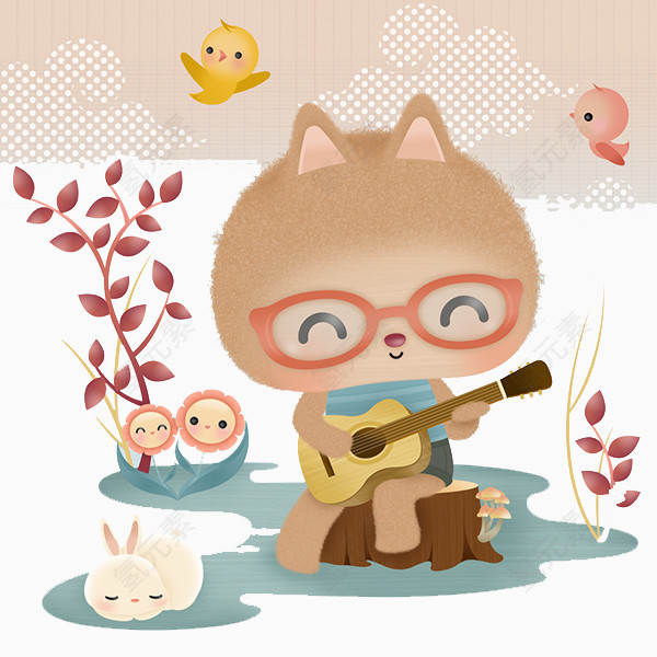 手绘弹吉他的小猫咪