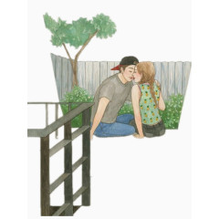 情侣在草坪旁亲吻