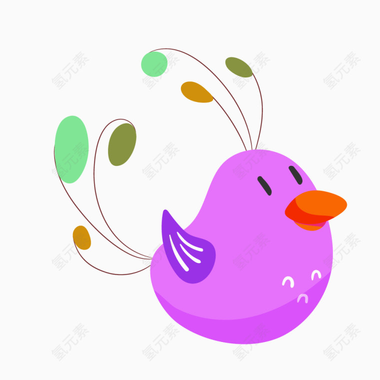 紫色儿童画尾巴小鸟