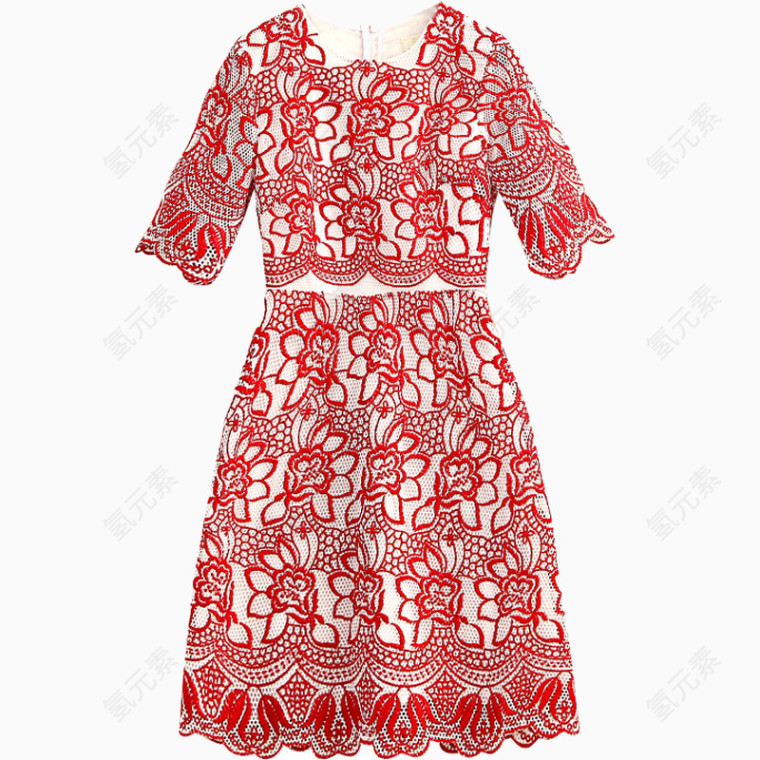 红色印花蕾丝裙