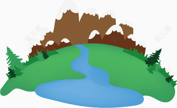 矢量地球上的卡通雪山绿地和河流