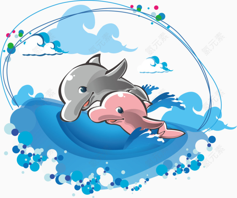 矢量海豚与海浪