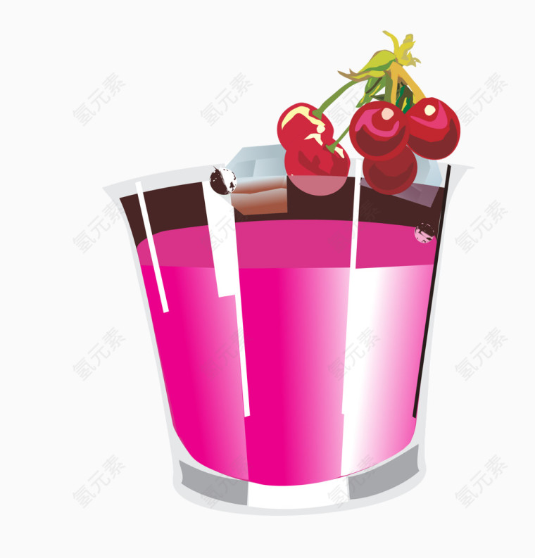 矢量玫红樱桃镶嵌玻璃杯饮料夏季