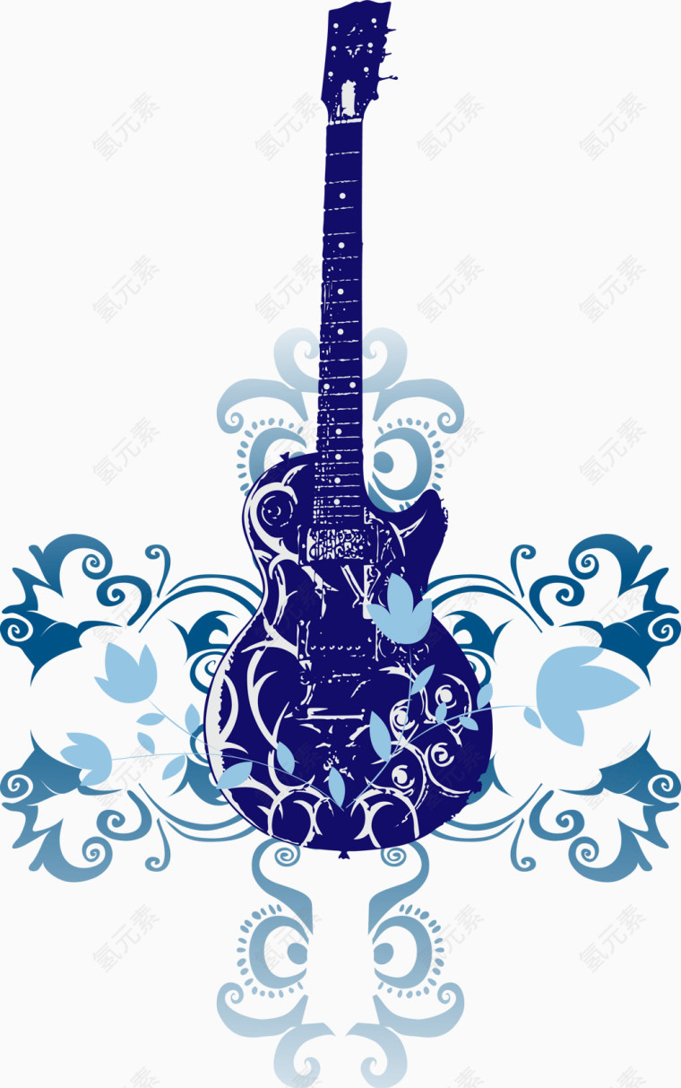 蓝色吉他蓝色花纹矢量素材