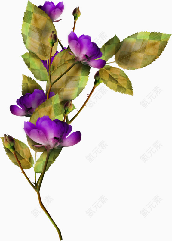 复古创意个性绿叶紫色花朵