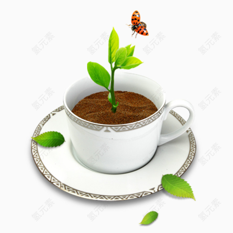 白色咖啡杯植物免抠素材