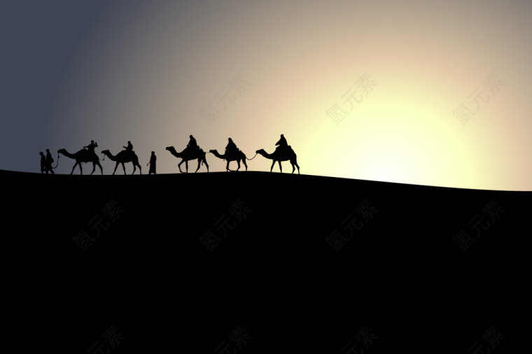 夕阳下的沙漠骆驼队矢量图